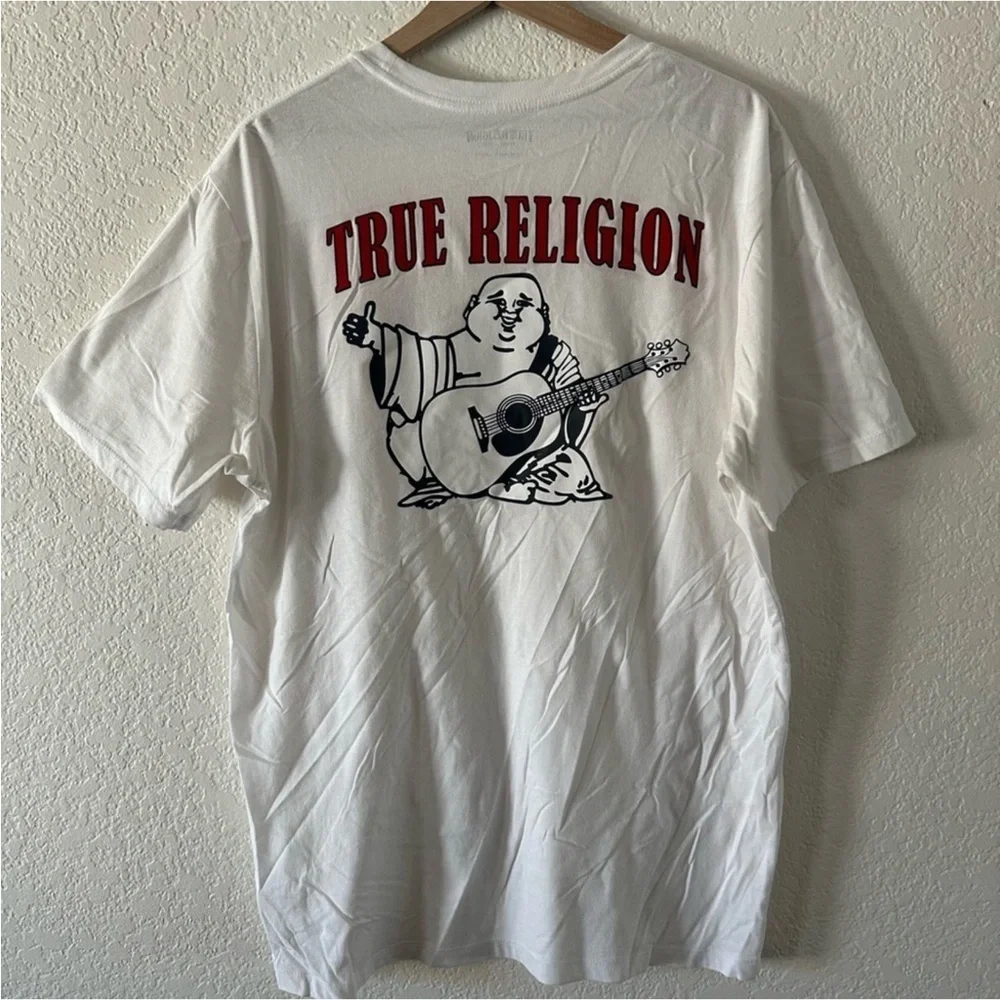 True Religion Men’s 2XL White T-Shirt Red Horseshoe Logo Buddha Graphic